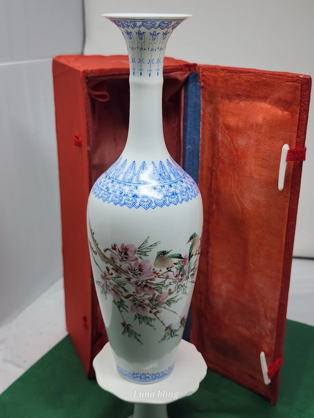 Porcelain Floral & Bird Tall Vase - Blue Accent